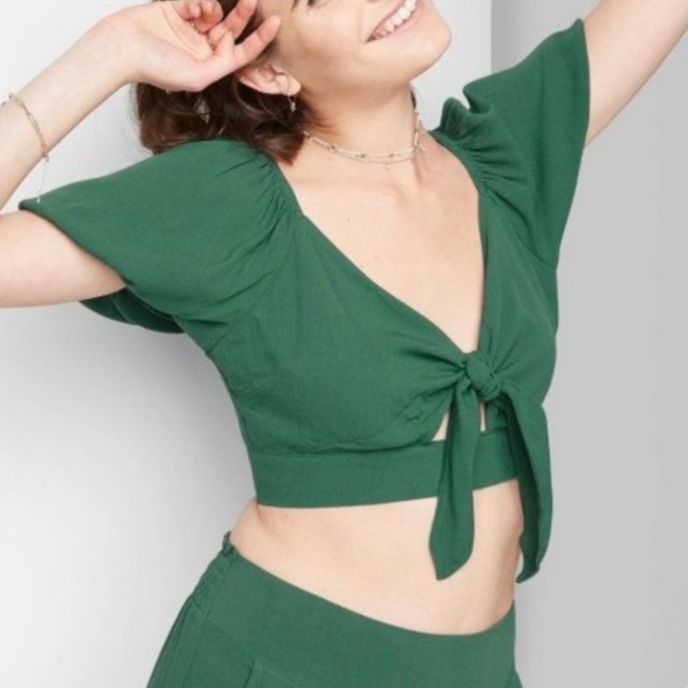 Puff Short Sleeve Woven Tie-Front V-Neck Crop Blouse Wild Fable Green XS